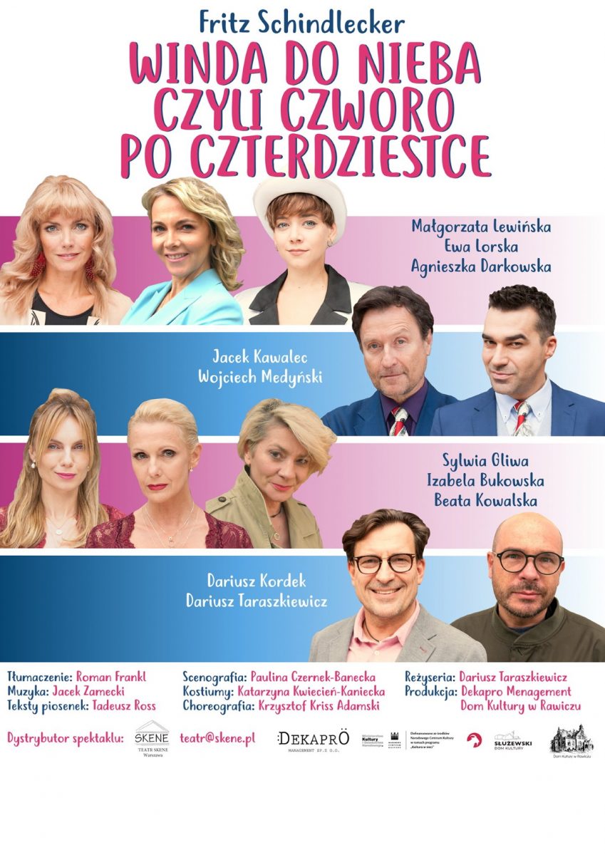 Plakat graficzny zapraszający do Ełku na spektakl teatralny "Winda do nieba, czyli czworo po czterdziestce".