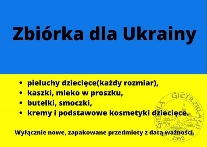Plakat graficzny informujący, że Gmina Gietrzwałd uruchamia zbiórkę dla Ukrainy.  