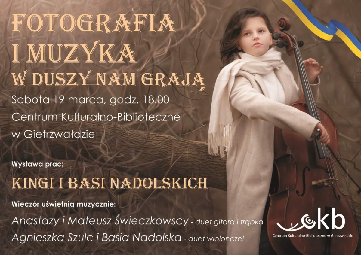 Plakat graficzny zapraszający do Gietrzwałdu na Spotkanie Fotografia i Muzyka "W duszy nam grają" Gietrzwałd 2022.