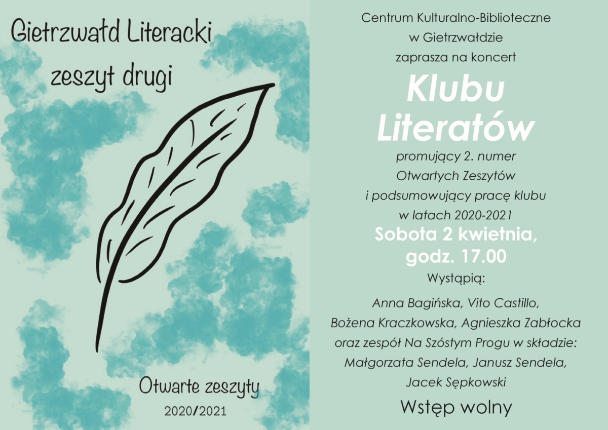 Plakat graficzny zapraszający do Gietrzwałdu na Spotkanie Klubu Literatów Gietrzwałd 2022.