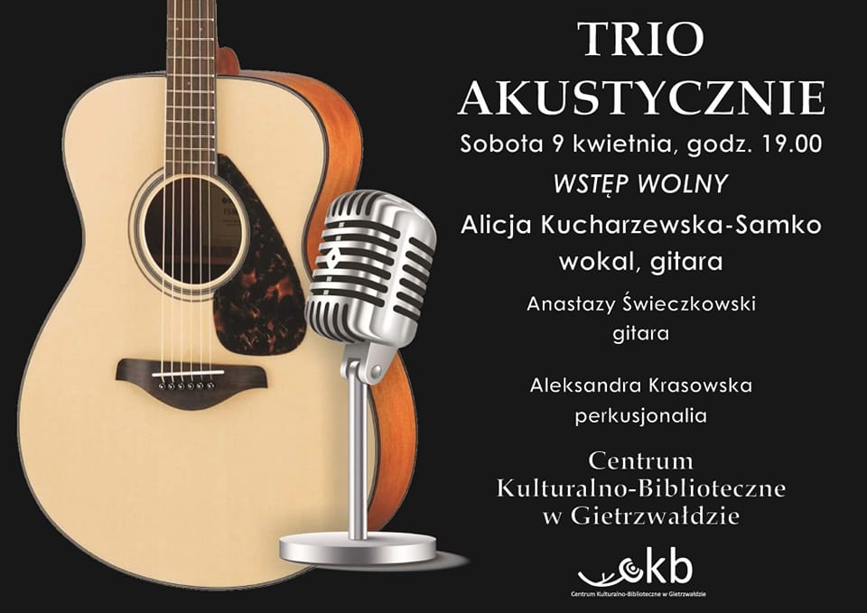 Plakat graficzny zapraszający do Gietrzwałdu na koncert TRIO AKUSTYCZNE Gietrzwałd 2022.