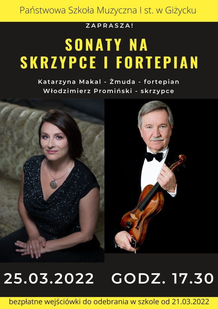 Plakat graficzny zapraszający na koncert “Sonaty na skrzypce i fortepian” w wykonaniu Katarzyny Makal-Żmudy oraz Włodzimierza Promińskiego w Giżycku.