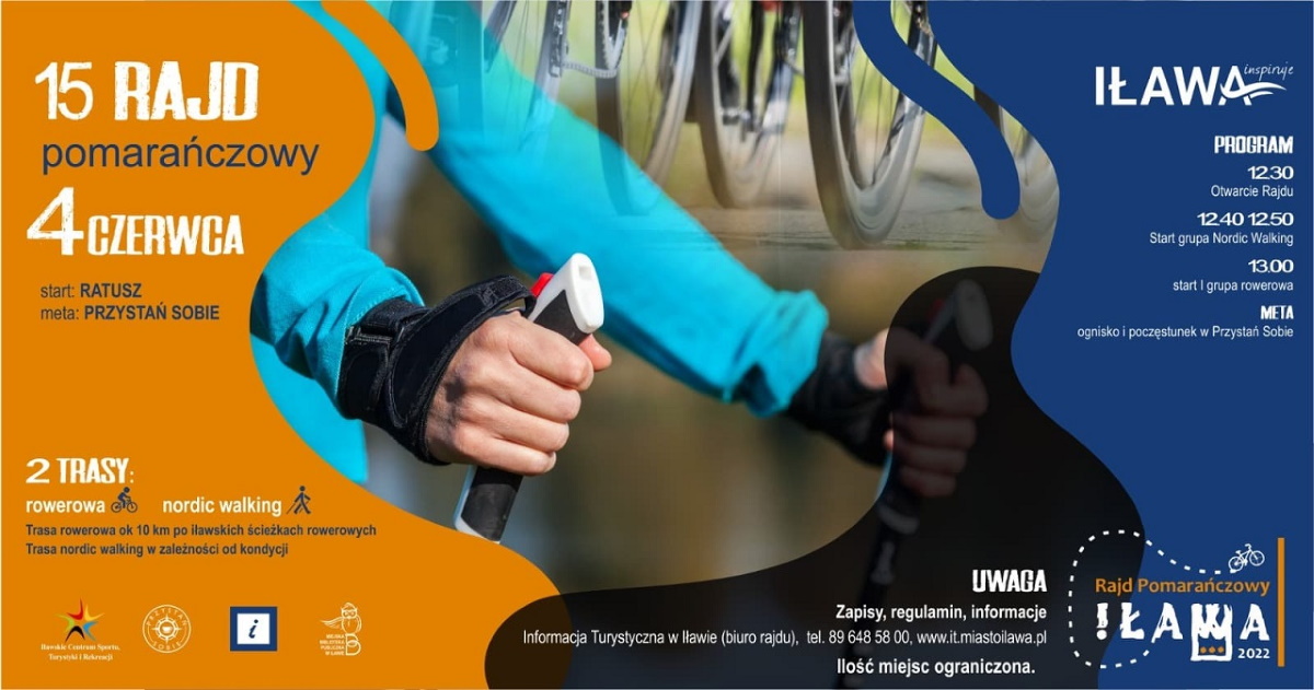 Plakat graficzny zapraszający do Iławy na 15. edycję Pomarańczowego Rajdu Rowerowego Iława 2022.