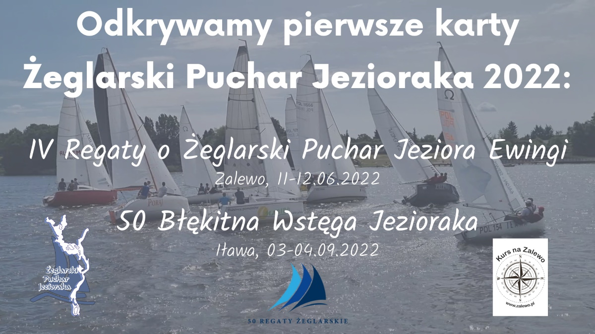 Plakat graficzny zapraszający do Iławy na 50. edycję Regat Turystycznych „O Błękitną Wstęgę Jezioraka 2022”.