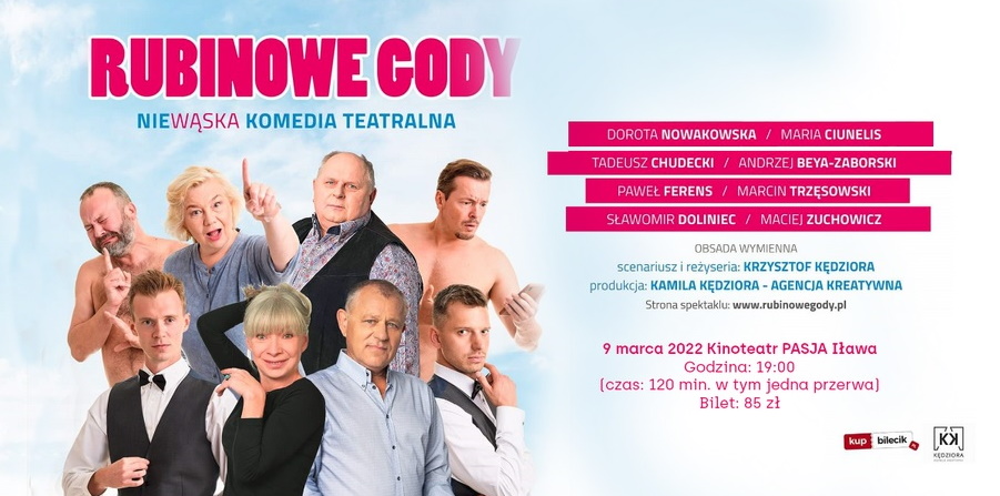 Plakat graficzny zapraszający do Iławy na komedię teatralną Rubinowe Gody - Iława 2022.