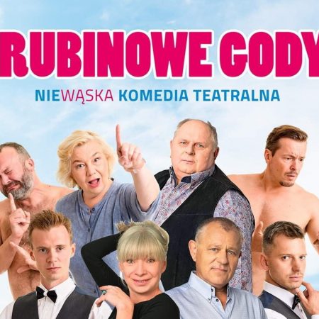Plakat graficzny zapraszający na komedię teatralną Rubinowe Gody. 