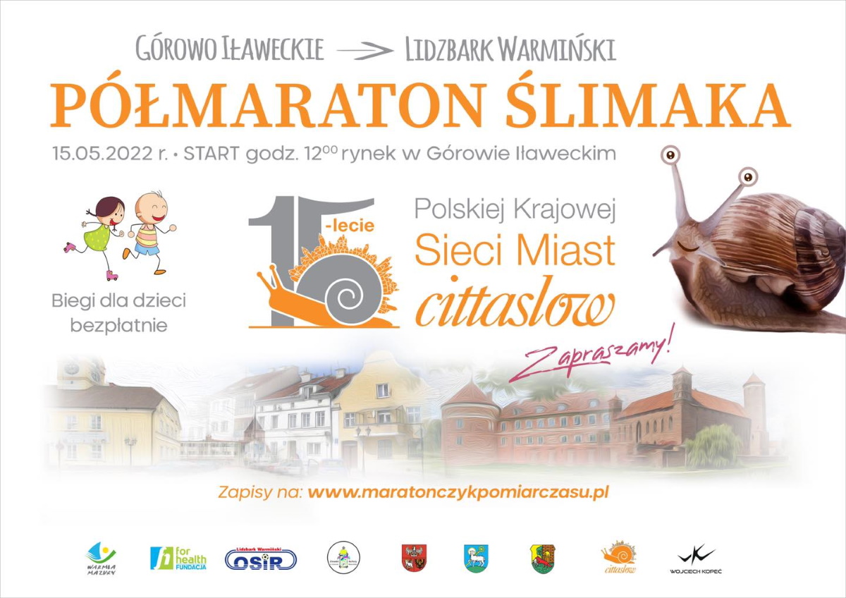 Plakat graficzny zapraszający na Półmaraton Bieg Ślimaka Lidzbark Warmiński 2022.