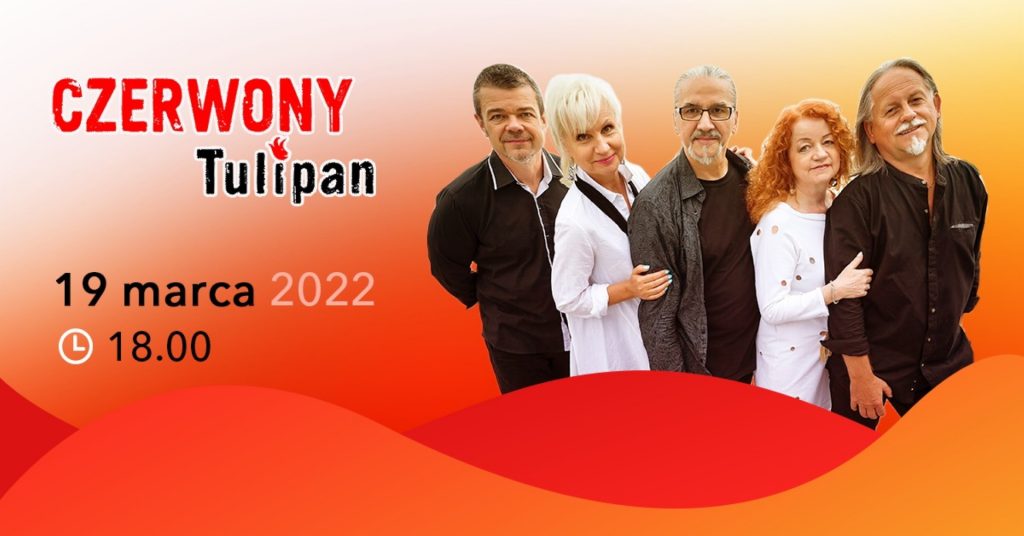 Plakat graficzny zapraszający do Mrągowa na koncert zespołu Czerwony Tulipanem "Piękno". 