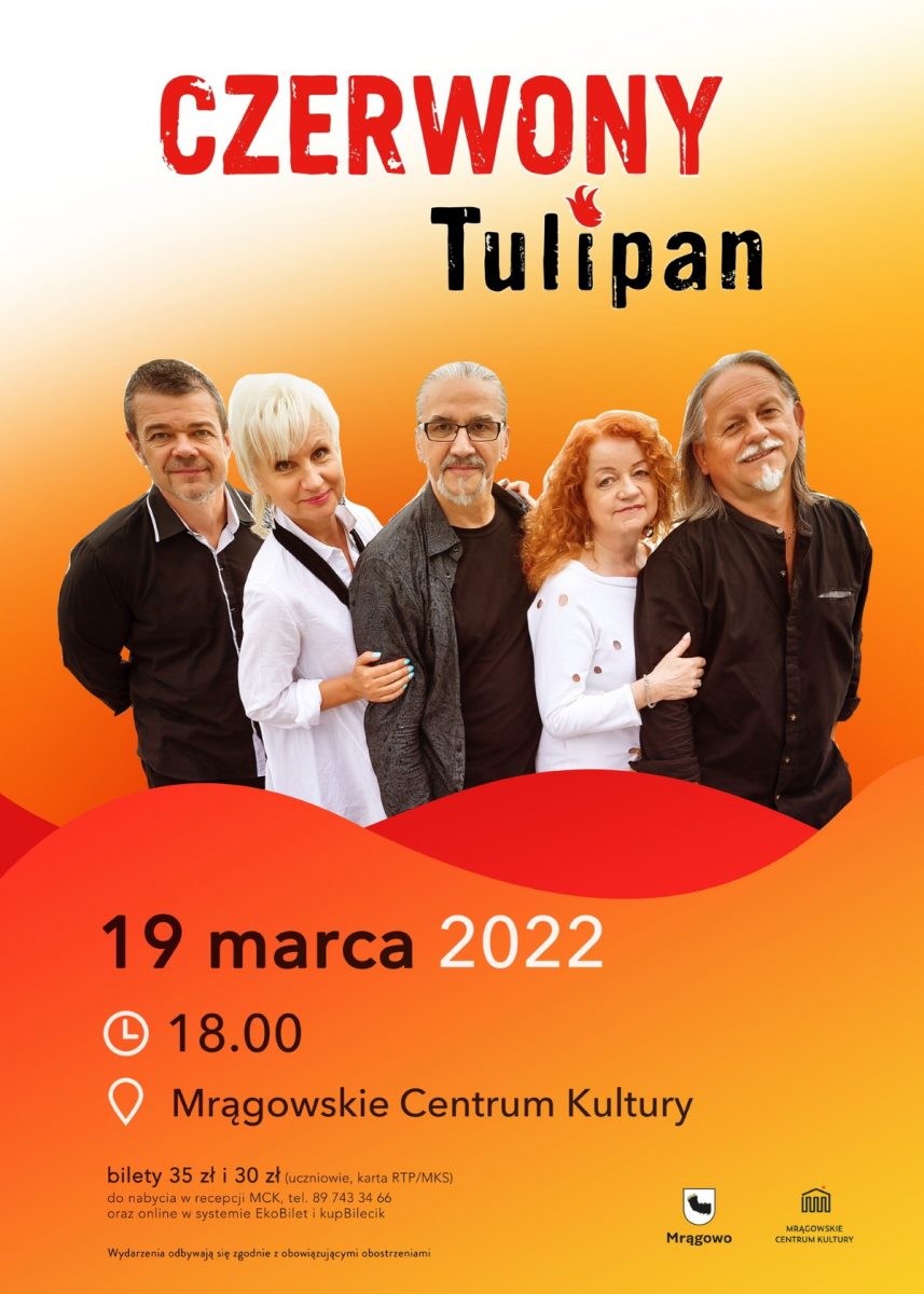 Plakat graficzny zapraszający do Mrągowa na koncert zespołu Czerwony Tulipanem "Piękno". 