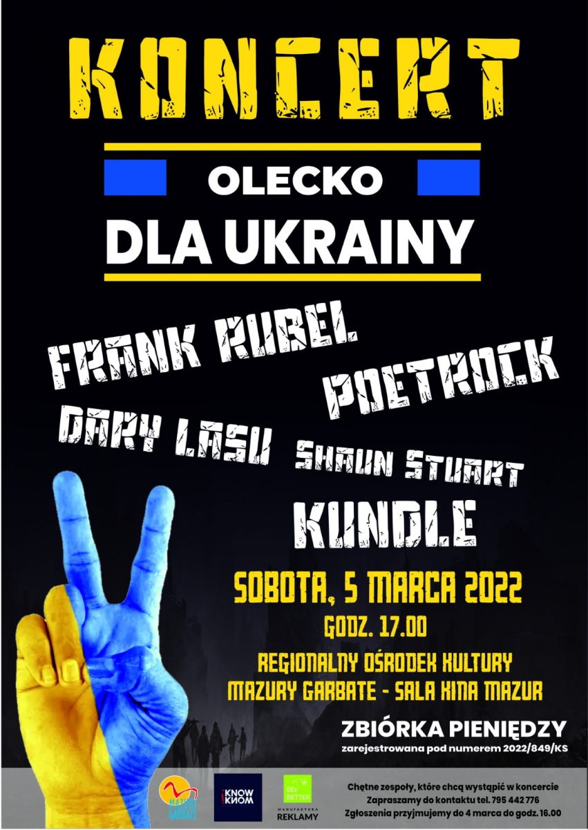 Plakat graficzny zapraszający do Olecka na koncert charytatywny "Olecko dla Ukrainy" Olecko 2022.