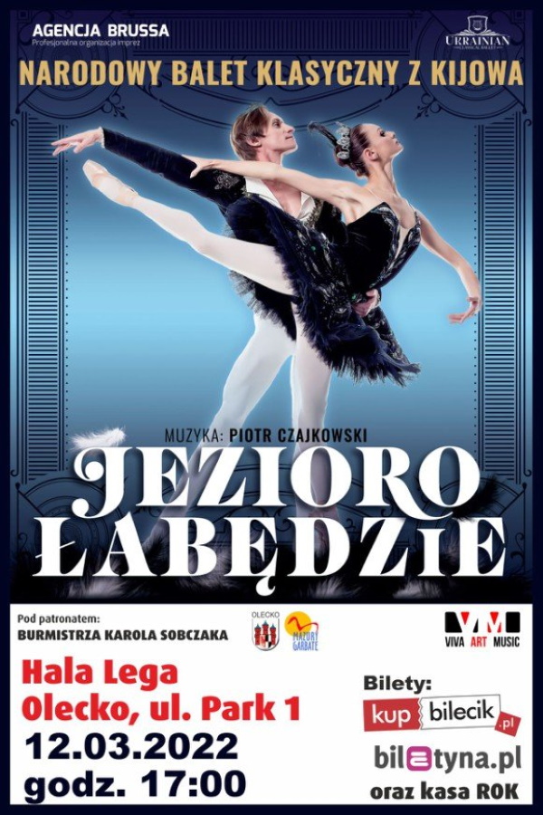 Plakat graficzny zapraszający do Olecka na występ Narodowego Baletu Kijowskiego "Jezioro Łabędzie" Olecko 2022.