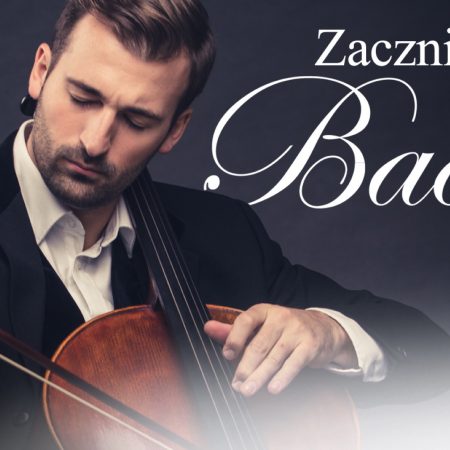 Plakat graficzny zapraszający do Olsztyna na koncert symfoniczny "Zacznijmy od Bacha", organizowany w Filharmonii Warmińsko Mazurskiej w Olsztynie.