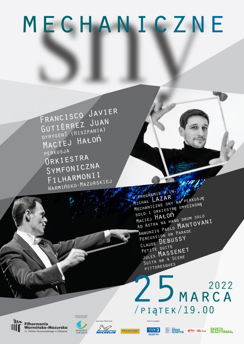 Plakat graficzny zapraszający do Olsztyna na koncert symfoniczny "Mechaniczne sny" w Filharmonii Warmińsko-Mazurskiej w Olsztynie.