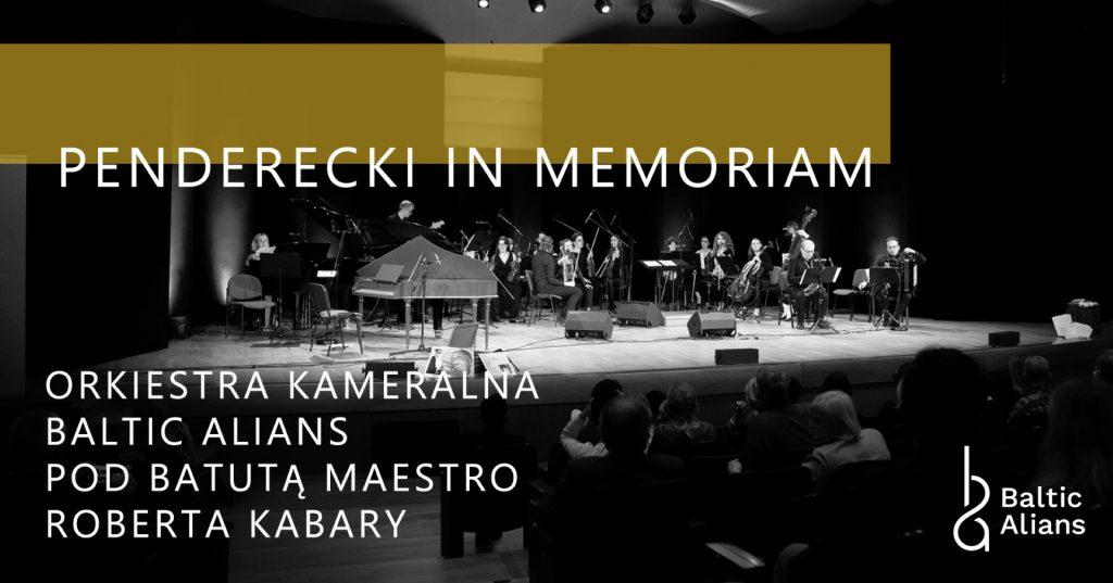 Plakat graficzny zapraszający do Olsztyna na koncert symfoniczny Penderecki in Memoriam w Filharmonii Warmińsko-Mazurskiej w Olsztynie.