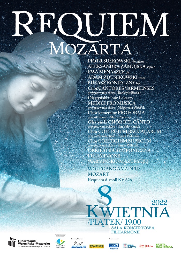 Plakat graficzny zapraszający do Olsztyna na Requiem Mozarta w Filharmonii Warmińsko-Mazurskiej w Olsztynie.