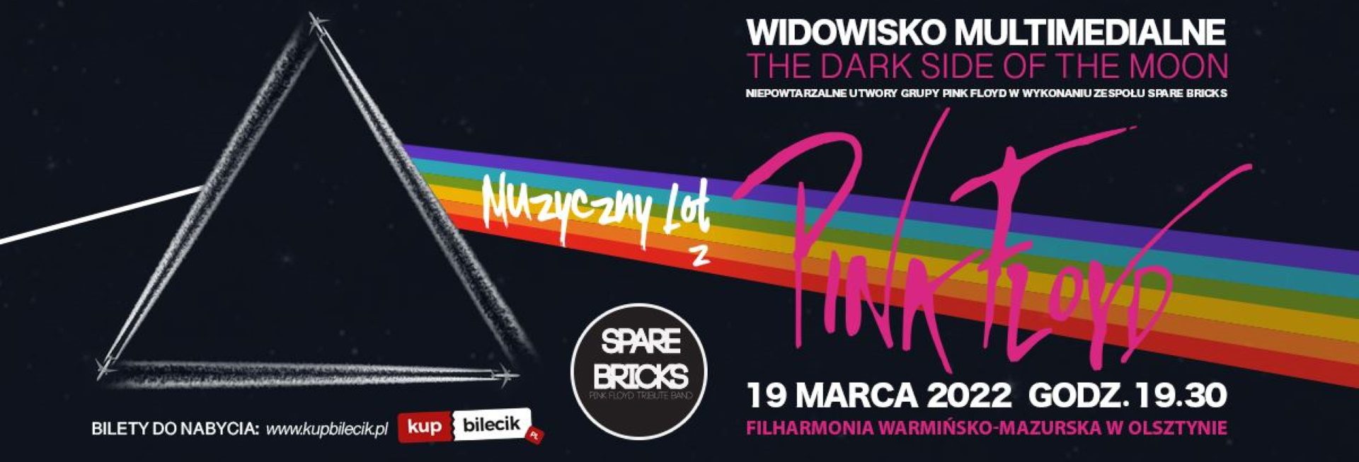 Plakat graficzny zapraszający do Olsztyna na koncert - widowisko multimedialne "Muzyczny Lot z Pink Floyd" Filharmonia Olsztyn 2022.