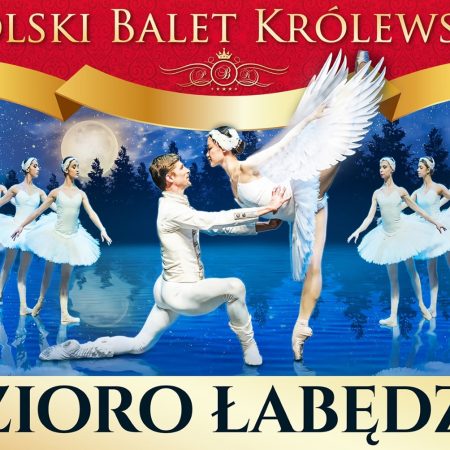 Plakat graficzny zapraszający do Olsztyna na występ Polskiego Baletu Królewskiego "Jezioro Łabędzie" w Filharmonii Olsztyn.