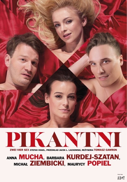 Plakat graficzny zapraszający do Olsztyna na spektakl komediowy "Pikantni". 