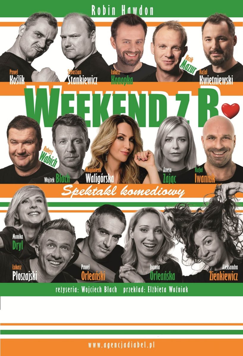 Plakat graficzny zapraszający do Olsztyna na spektakl komediowy „Weekend z R. – A Surfeit of Lovers” Olsztyn 2022.