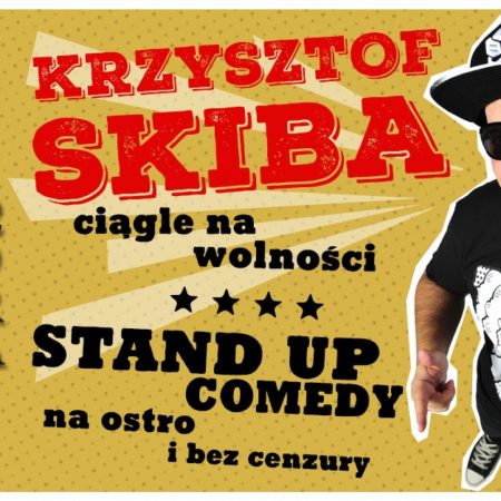 Plakat graficzny zapraszający do Olsztyna na stand-up Krzysztof Skiba "Ciągle na wolności" Olsztyn 2022.