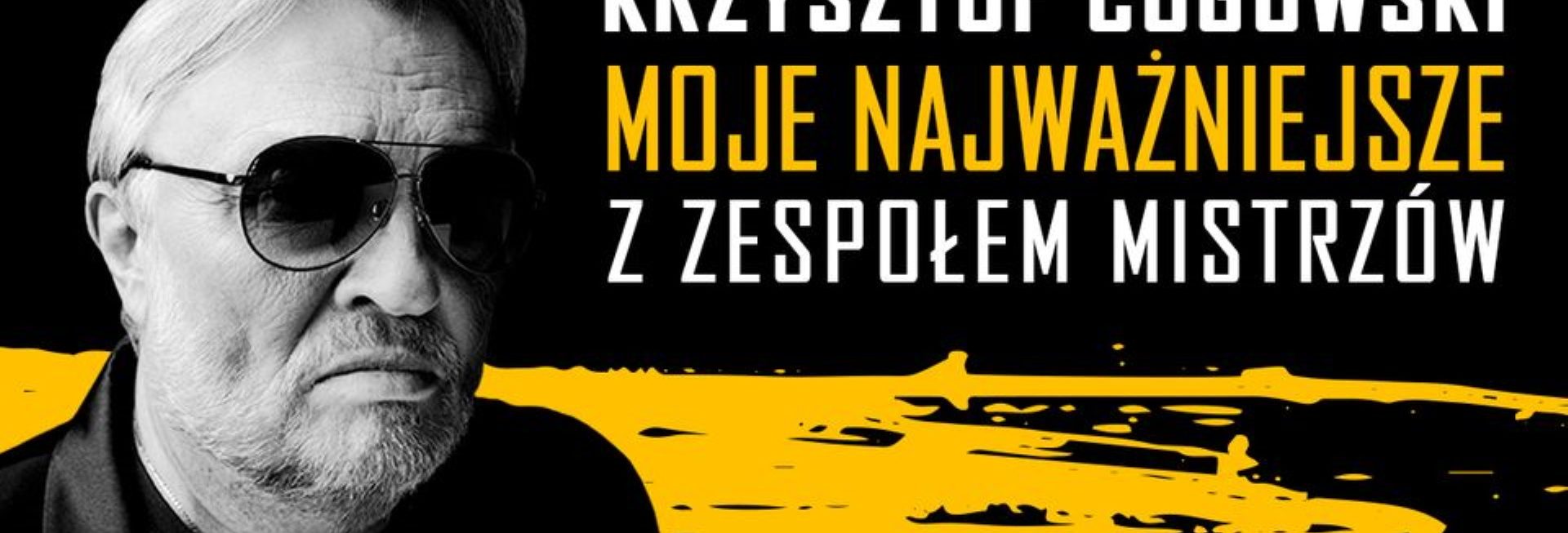 Plakat graficzny zapraszający do Olsztyna na koncert Krzysztofa Cugowskiego z Zespołem Mistrzów "Moje Najważniejsze" w Filharmonii Olsztyn. 