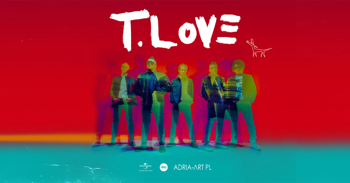 Plakat graficzny zapraszający do Ostródy na koncert zespołu T.Love - trasa koncertowa HAU! HAU! Ostróda 2022.
