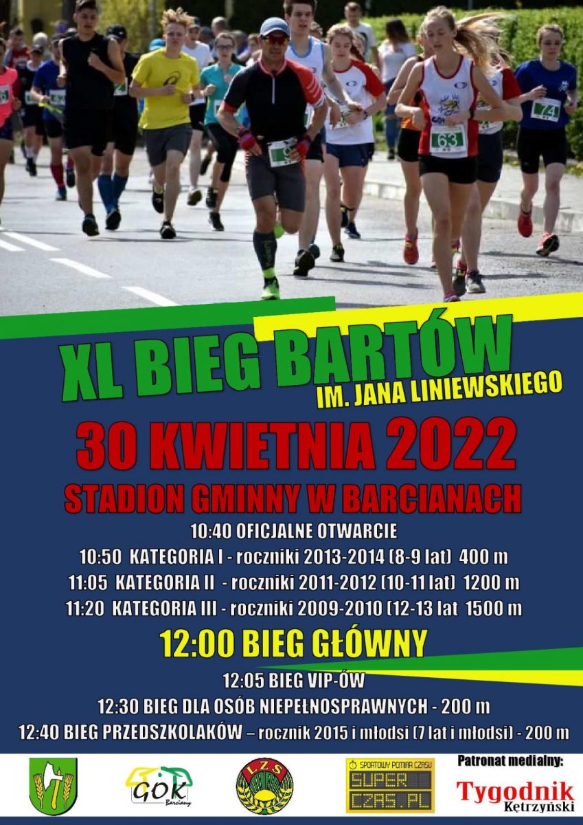 Plakat graficzny zapraszający do miejscowości Barcian na 40. edycję Biegu BARTÓW im. Jana Liniewskiego BARCIANY 2022.