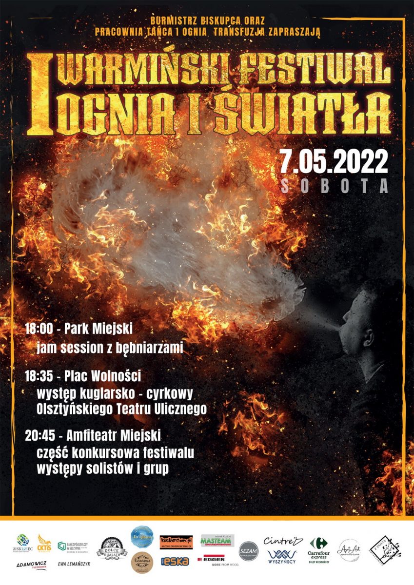 Plakat graficzny zapraszający do Biskupca na 1. edycję Warmińskiego Festiwalu Ognia i Światła Biskupiec 2022.