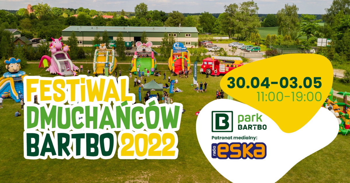 Plakat graficzny zapraszający do miejscowości Butryny na Festiwal Dmuchańców Park Bartbo 2022.