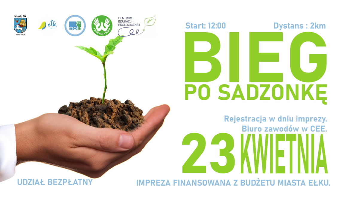 Plakat graficzny zapraszający do Ełku na Event dla Ziemi ,,Bieg po sadzonkę" Ełk 2022.