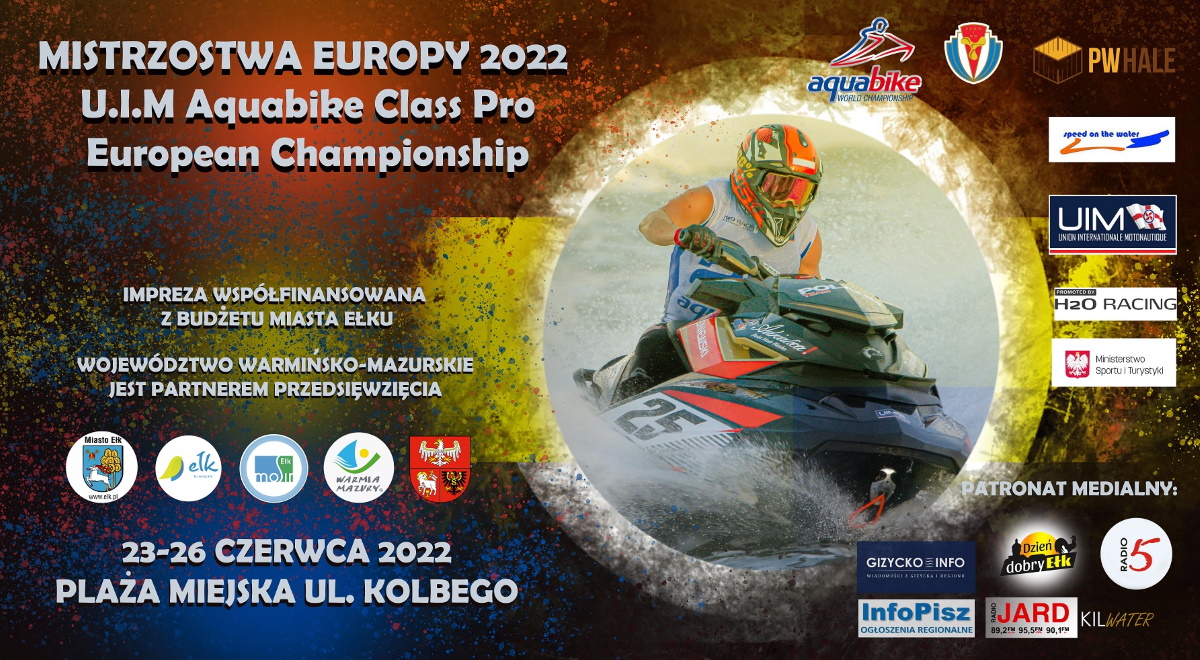 Plakat graficzny zapraszający do Ełku na Mistrzostwa Europy Skuterów Wodnych Ełk 2022.