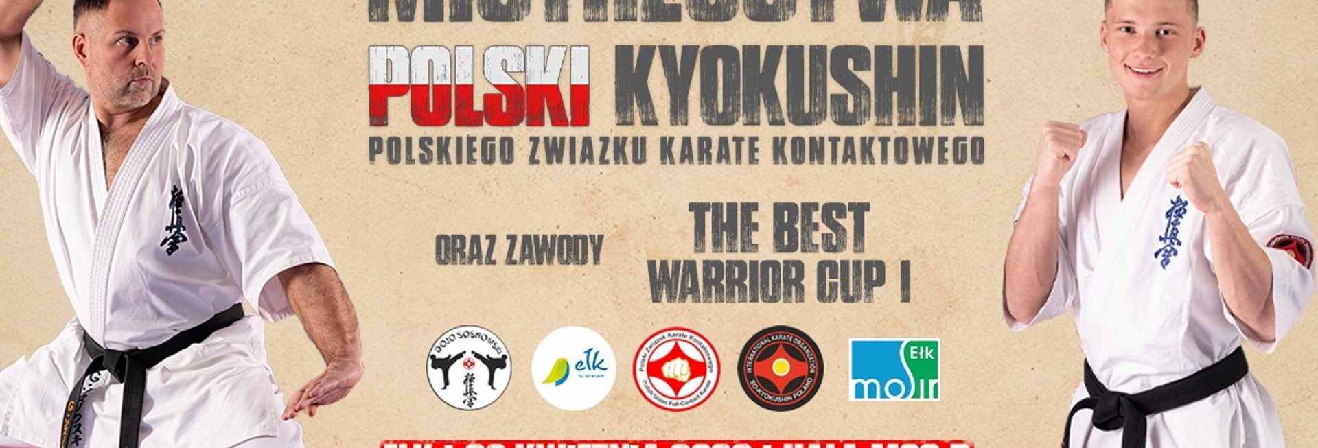 Plakat graficzny zapraszający do Ełku na Mistrzostwa Polski Kyokushin Ełk 2022.