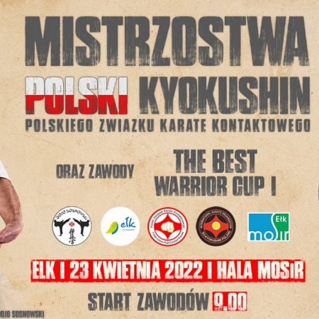 Plakat graficzny zapraszający do Ełku na Mistrzostwa Polski Kyokushin Ełk 2022.