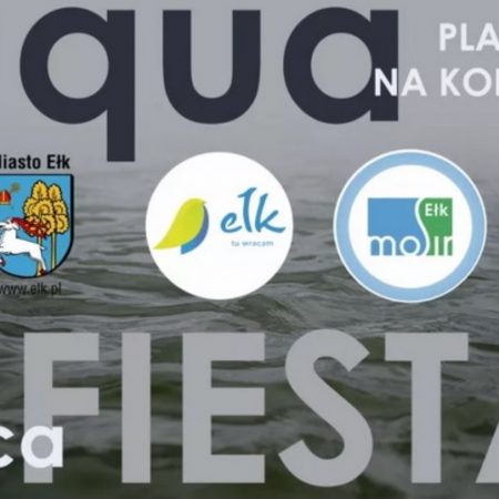 Plakat graficzny zapraszający do Ełku na kolejną edycję imprezy sportowej Aqua Fiesta Ełk 2022.