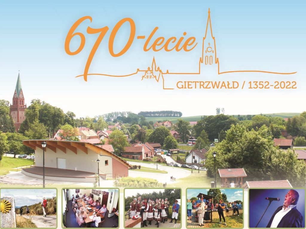 Plakat graficzny zapraszający do Gietrzwałdu na Festyn urodzinowy z okazji świętowania 670-lecia Gietrzwałdu.