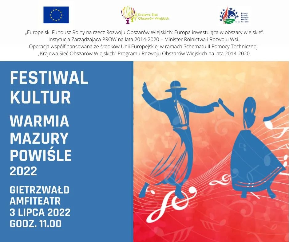 Plakat graficzny zapraszający do Gietrzwałdu na Festyn urodzinowy z okazji świętowania 670-lecia Gietrzwałdu - Festiwal Kultur Warmia Mazury Powiśle.