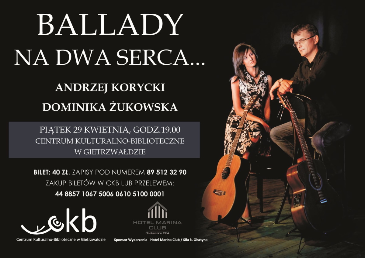 Plakat graficzny zapraszający do Gietrzwałdu na koncert "Ballady na dwa serca" Gietrzwałd 2022.