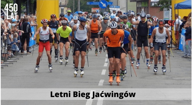 Plakat graficzny zapraszający do Gołdapi na cykliczną imprezę sportową 8. edycję Letniego Biegu Jaćwingów na Nartorolkach Gołdap 2022.
