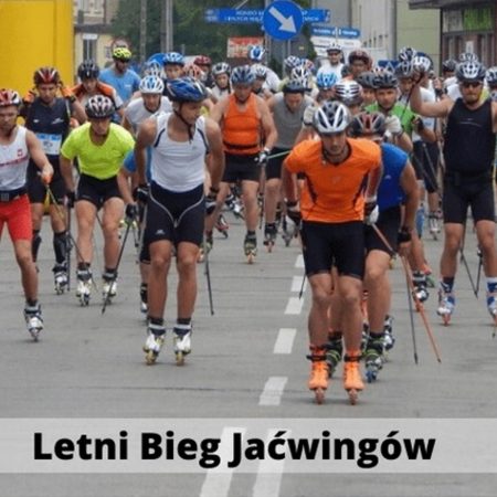 Plakat graficzny zapraszający do Gołdapi na cykliczną imprezę sportową 8. edycję Letniego Biegu Jaćwingów na Nartorolkach Gołdap 2022.