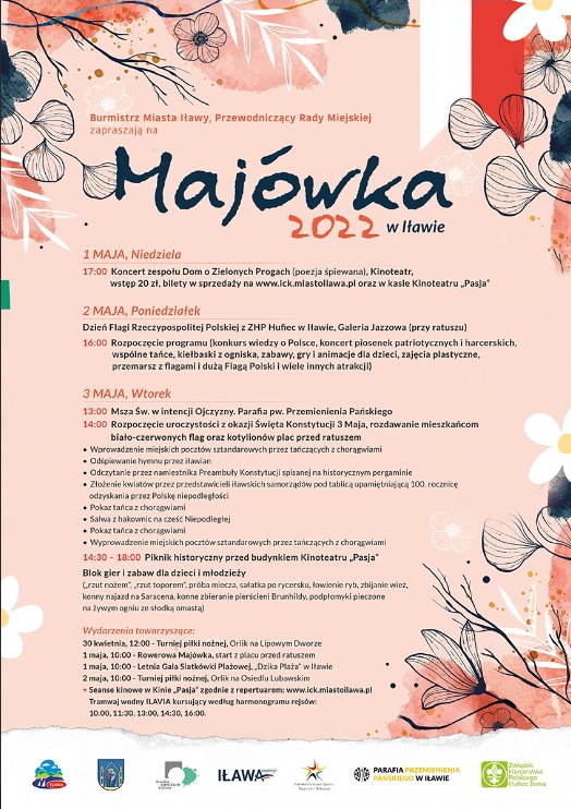 Plakat graficzny zapraszający do Iławy na coroczną imprezę Majówkę w Iławie 2022.