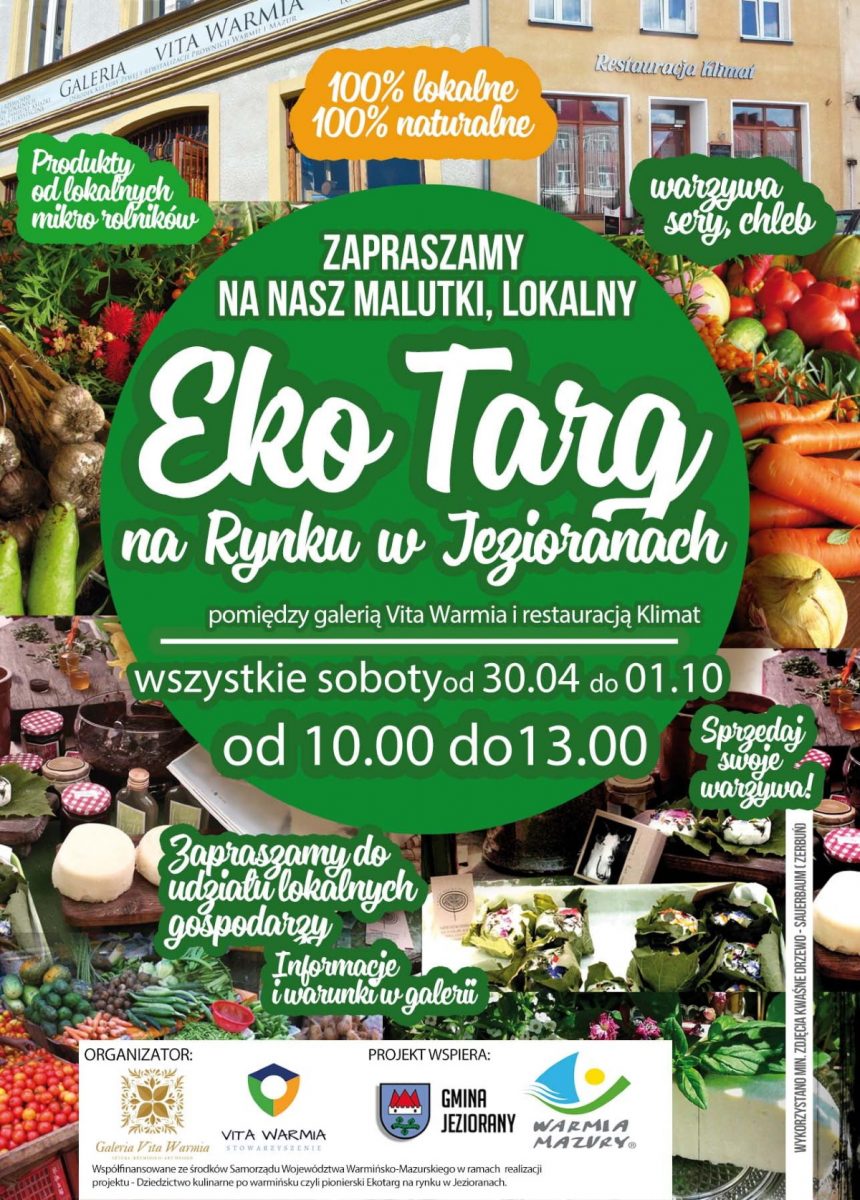 Plakat graficzny zapraszający do Jezioran na cotygodniowy Eko Targ na Rynku w Jezioranach 2022.