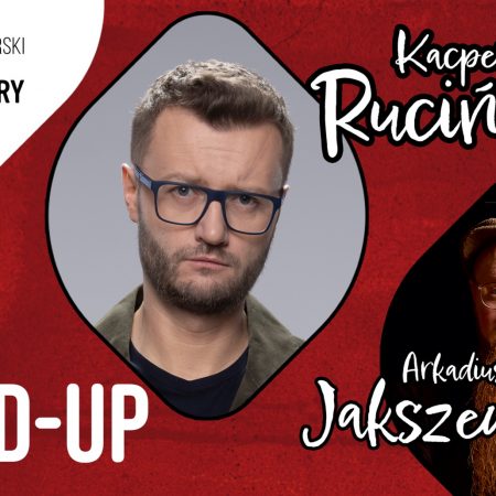 Plakat graficzny zapraszający do Lidzbarka Warmińskiego na Stand-Up: Kacper Ruciński & Arkadiusz Jaksa Jakszewicz.