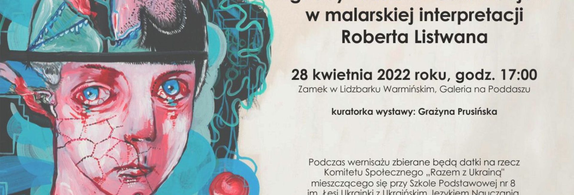 Plakat graficzny zapraszający do Lidzbarka Warmińskiego na wernisaż "Opowieści z morałem Ignacy Krasicki" Lidzbark Warmiński 2022.