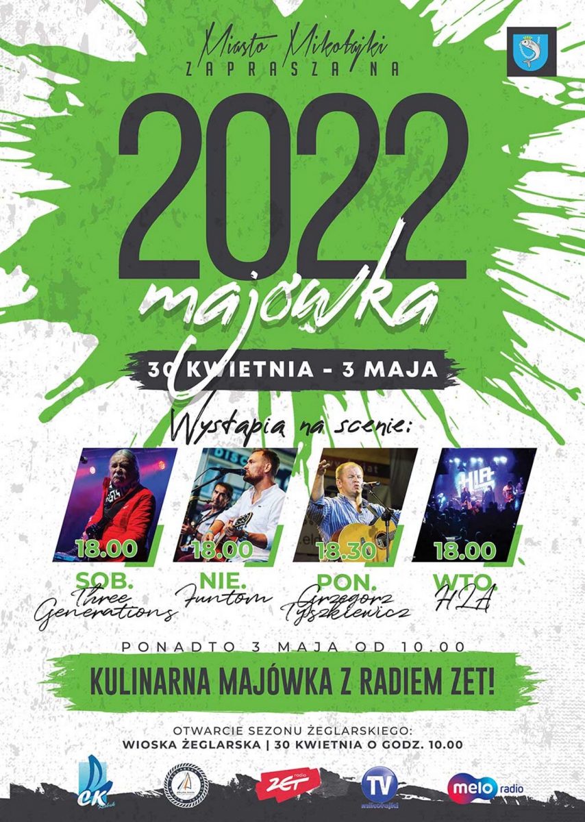 Plakat graficzny zapraszający do Mikołajek na Długą Majówkę w Mikołajkach 2022. 