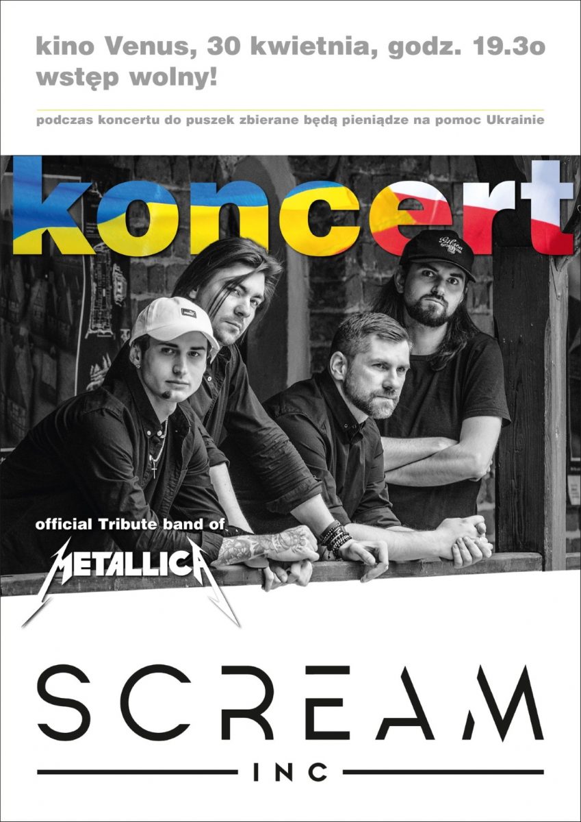 Plakat graficzny zapraszający do Nidzicy na koncert ukraińskiego zespołu SCREAM INC. 