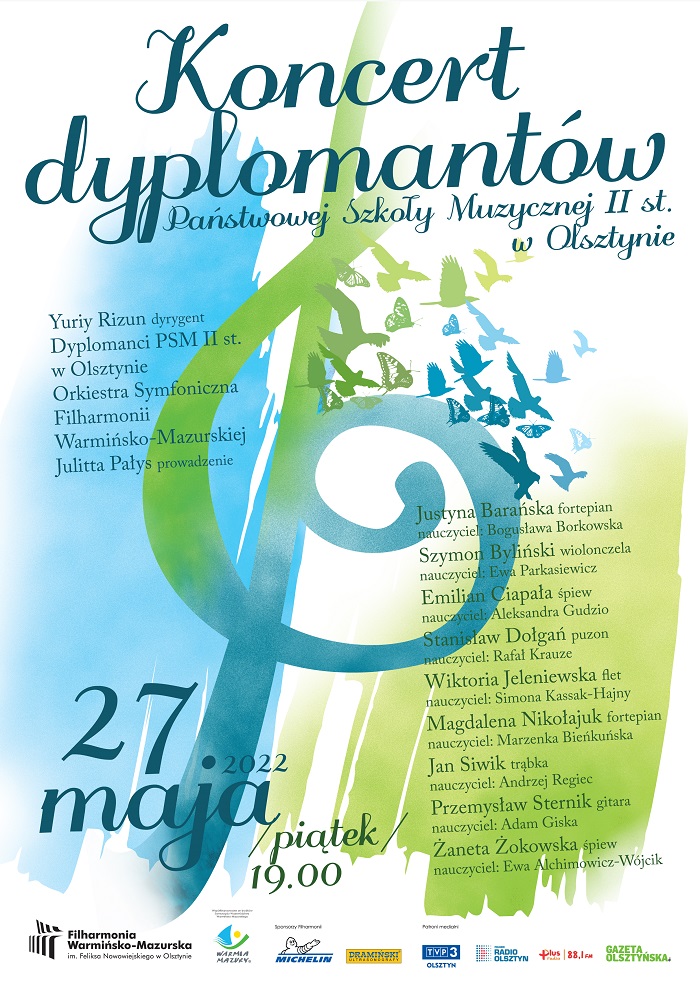 Plakat graficzny zapraszający do Olsztyna na koncert dyplomantów Państwowej Szkoły Muzycznej II st. w Filharmonii Olsztyn. 