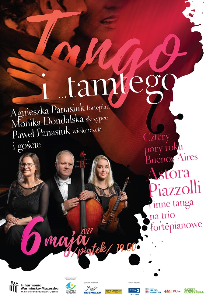 Plakat graficzny zapraszający do Olsztyna na koncert kameralny TANGO i …TAMTEGO w Filharmonii Olsztyn.