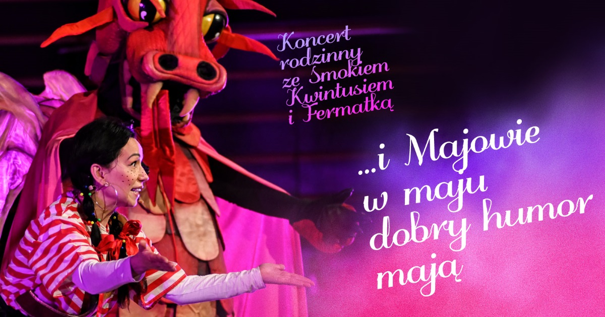 Plakat graficzny zapraszający do Olsztyna na koncert rodzinny ze Smokiem Kwintusiem i Fermatką w Filharmonii Warmińsko-Mazurskiej w Olsztynie.