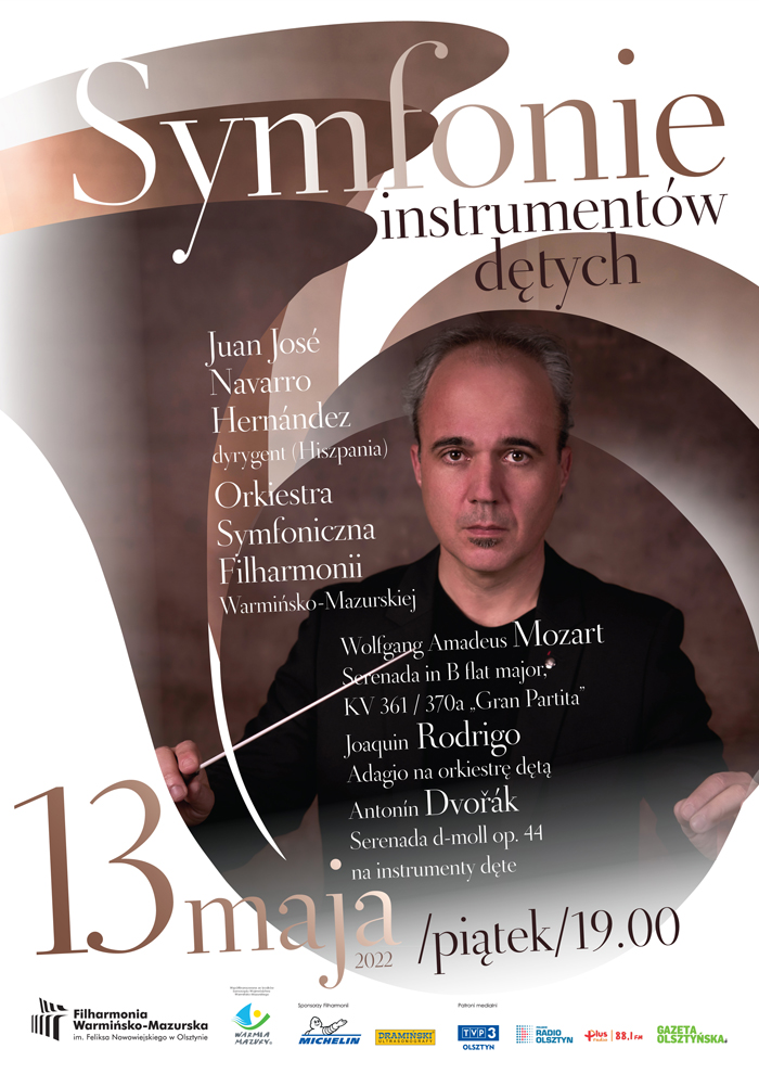 Plakat graficzny zapraszający do Olsztyna na koncert symfonie instrumentów dętych Filharmonia Olsztyn 2022.