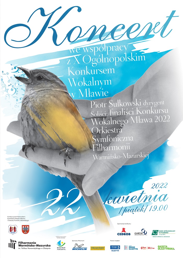Plakat graficzny zapraszający do Olsztyna na koncert we współpracy z X Ogólnopolskim Konkursem Wokalnym - Filharmonia Olsztyn 2022.
